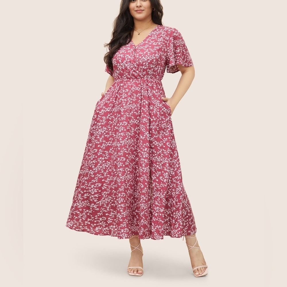 ⭐️Bloomchic Flutter Sleeve Ditsy Floral Pocket Split Maxi Dress Dusty Pink